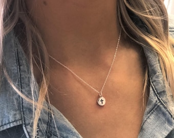 Sterling Silver Small Cross Necklace, First Communion Gift Girl Tiny Cross Necklace Baptism Gifts for Christian Jewelry Dainty Cross Pendant