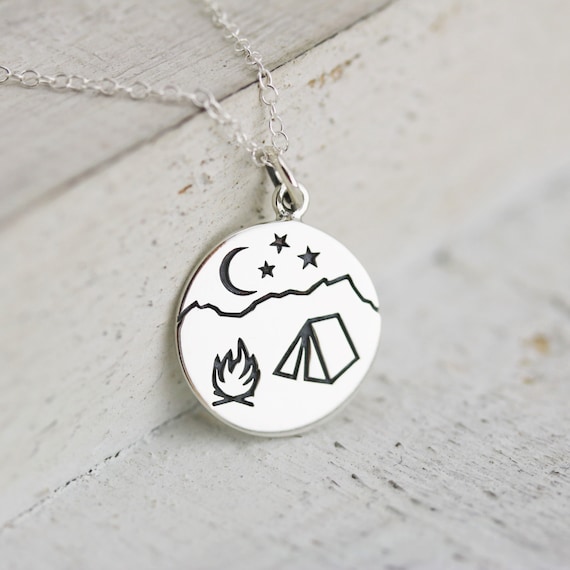 Woman/'s sterling silver camping necklace Outdoor woman. Camping jewelry Campfire Happy camper Adventure necklace Camping gifts