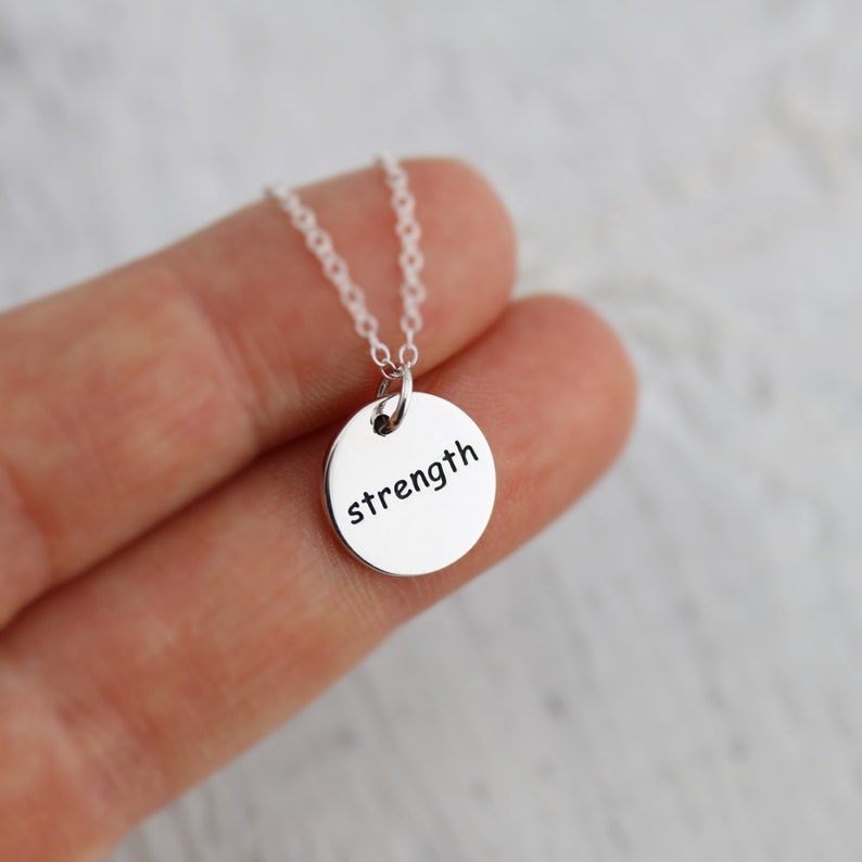 Strength Necklace Courage Necklace Sterling Silver Round Word Strength Courage Necklace Reversible Pendant Affirmation Pendant Inspire image 4