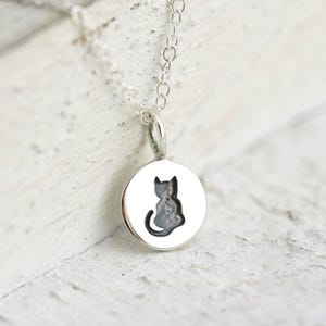 Cat Necklace - Tiny Sterling Silver Etched Kitty Necklace - Cat Lovers Jewelry - Kitty Lovers Necklace  Small Sitting Cat Charm Pet Necklace