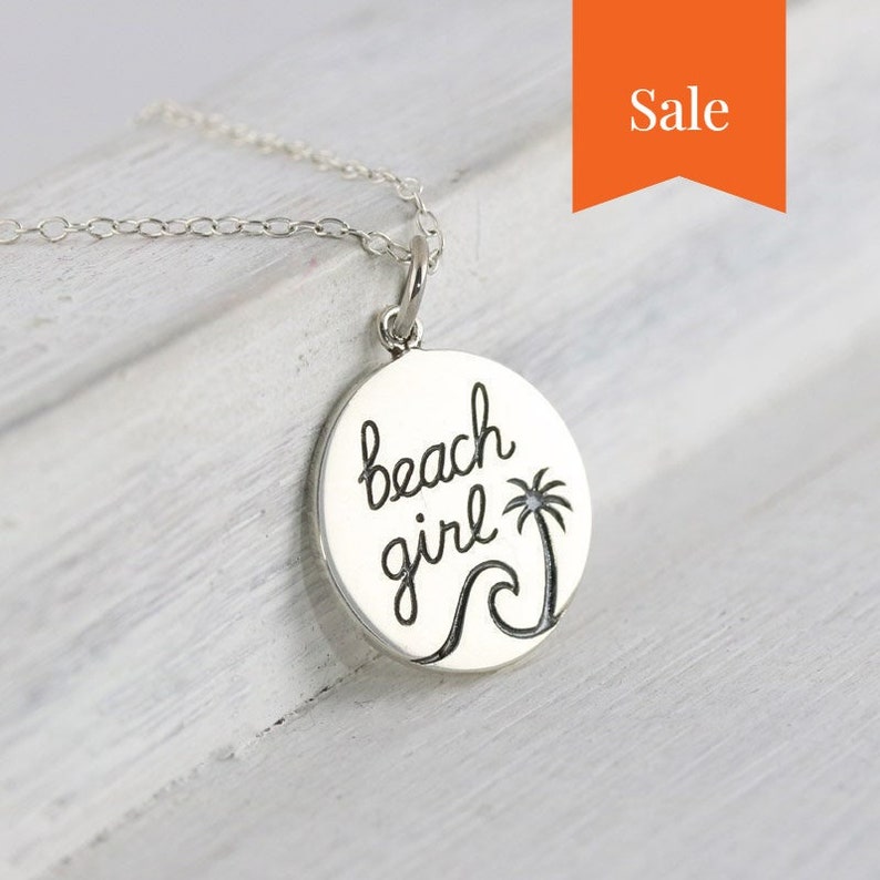 SALE Sterling Silver Beach Girl Necklace, Best Friend Retirement Gift, Beach Themed Jewelry, Ocean Inspired Surf Necklace for Summer Lover image 1