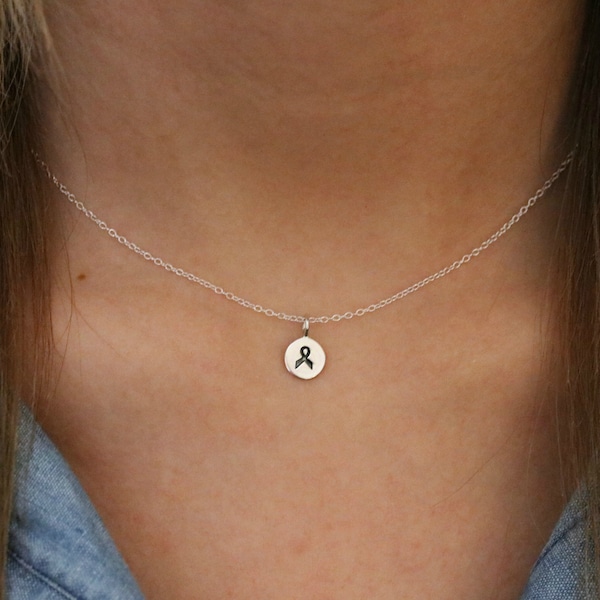 Tiny Cancer Ribbon Necklace -Sterling Silver Cancer Awareness Ribbon Charm Necklace - Cancer Ribbon Necklace Breast Cancer Awareness Jewelry