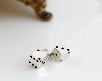 Pair of Dice Necklace Solid Sterling Silver Tiny Dice Charm Set Dice Jewelry for Gambler Lady Luck Dice Gift 3D Movable Lucky Dice for Gamer