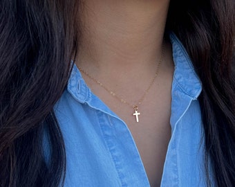 Small Gold Cross Necklace, Christian Jewelry for Baptism Gift for Her, Religious Cross Pendant in Gold, Tiny Cross for First Communion Gift