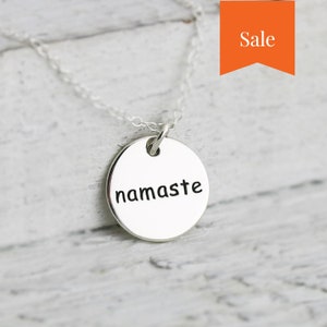 SALE Namaste Necklace, Sterling Silver Round Namaste Pendant, Round Word Reversible Pendant Yoga Necklace, Yoga Jewelry  Zen Pendant