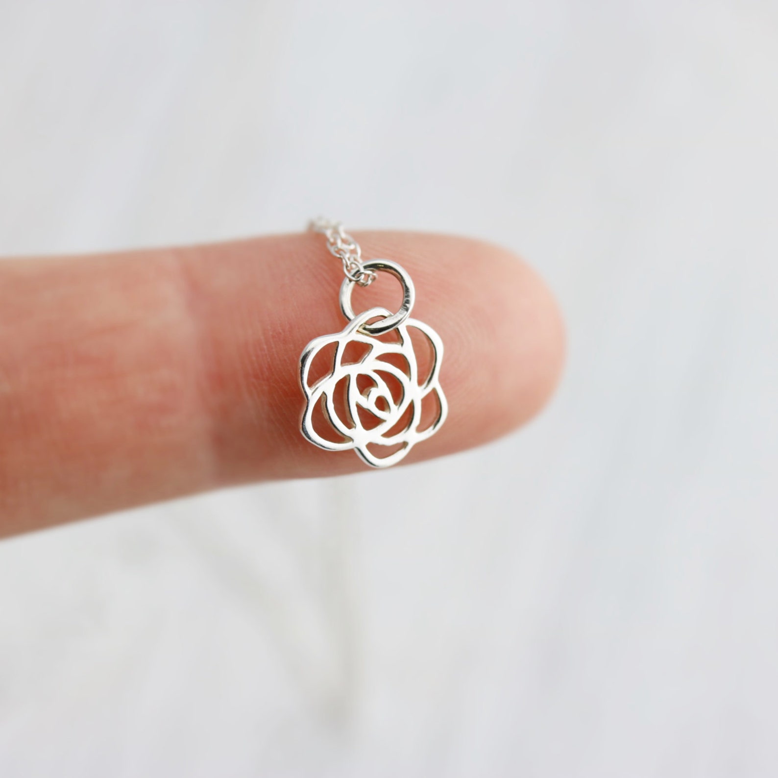 Rose Necklace Tiny Sterling Silver Rose Charm Necklace Etsy