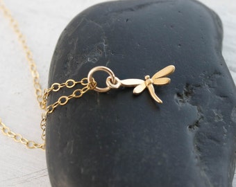 Dainty Gold Dragonfly Necklace For Minimalist, Tiny Dragonfly Pendant for Layering Necklace for Her, Bronze Dragonfly with Cupped Wings