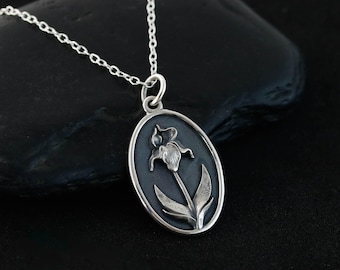 Iris Birth Flower Necklace for February, Sterling Silver Iris Flower Pendant, Floral Jewelry for Mothers Day Gift, February Birthday Gift