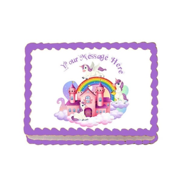 Unicorn Castle & Rainbow Edible Image Cupcake Cake Toppers Free Personalization