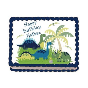 Dinosaur World Blue & Green Edible Image Cupcake Cake Toppers Free Personalization