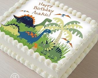 Dinosaur World Blue Green & Orange Edible Image Cupcake Cake Toppers Free Personalization