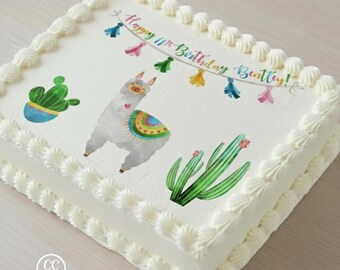 Colorful Llama with Cactus Edible Image Cupcake & Cake Toppers Free Personalization