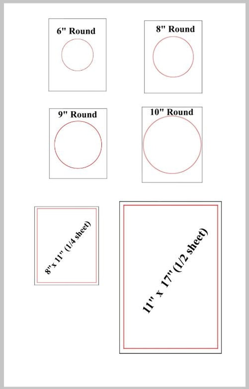 Peut inclure: Diagramme montrant diff&eacute;rentes tailles de cercles ronds qui peuvent &ecirc;tre d&eacute;coup&eacute;s dans du papier standard de 21,6 x 27,9 cm et 27,9 x 43,2 cm. Les cercles ont un diam&egrave;tre de 15,2 cm, 20,3 cm, 22,9 cm et 25,4 cm.