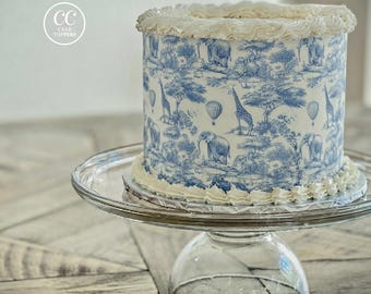 Blue Toile Safari Edible Image Cake Wrap Frosting Strip