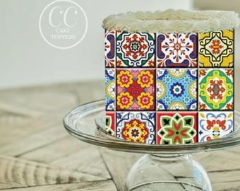 Bright Multi-Color Italian Tile Print Cake Wrap Edible Image Frosting Strip
