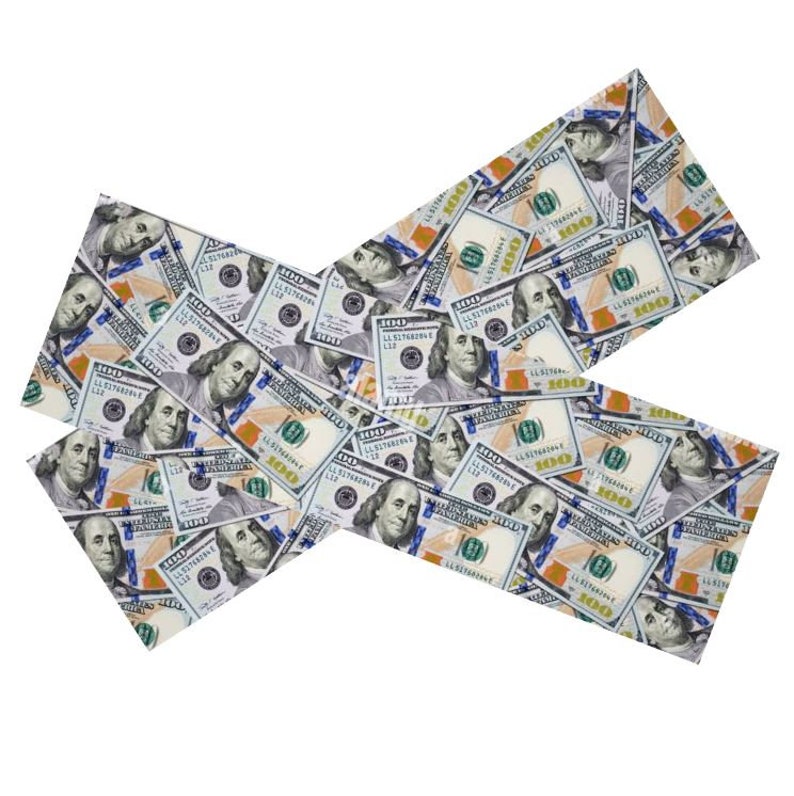 May include: A pattern of US $100 bills, with the portrait of Benjamin Franklin, repeated across the surface.