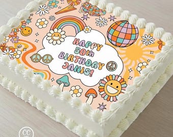 1970s 50th Birthday Groovy Edible Image Cupcake & Cake Toppers Free Personalization