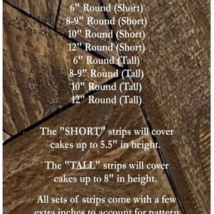 May include: Size chart for round cake decorating strips. The chart lists different sizes of round cakes and the corresponding strip length. "Short" strips cover cakes up to 5.5 inches tall, while "Tall" strips cover cakes up to 8 inches tall.