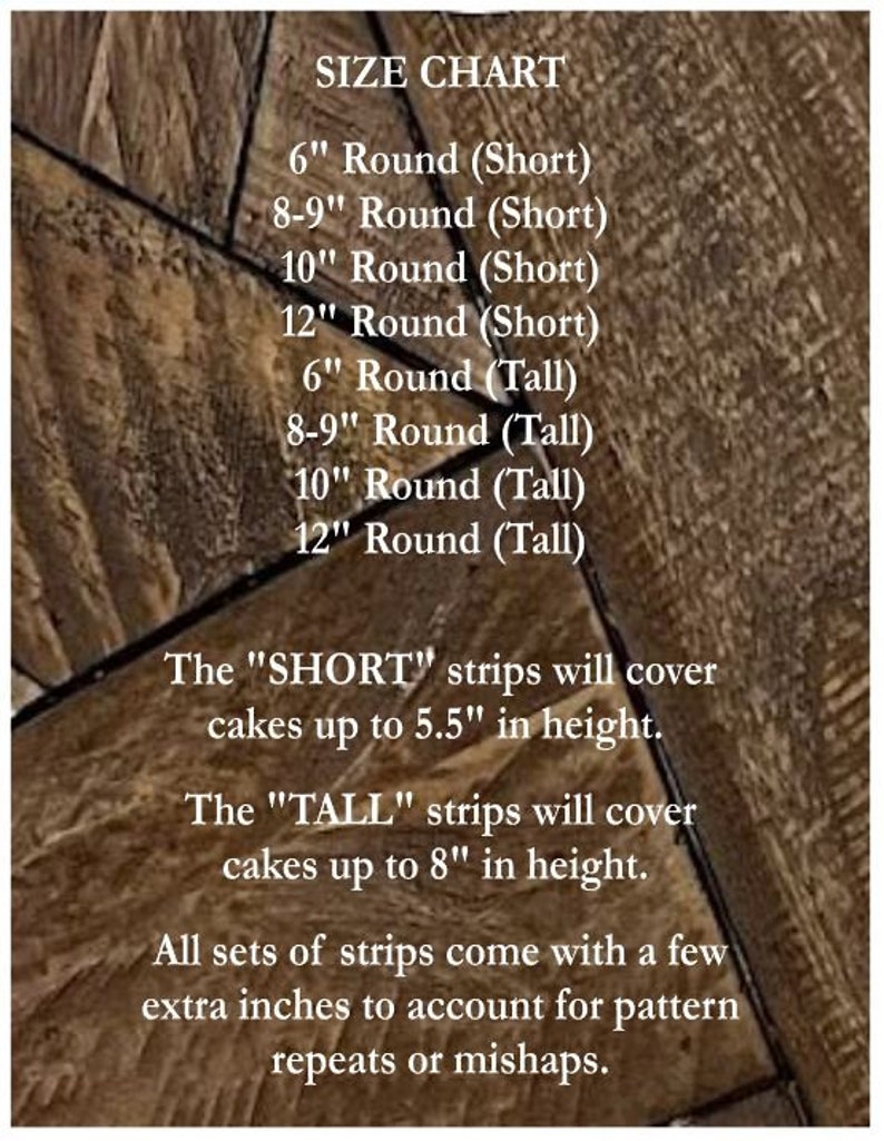 May include: Size chart for round cake decorating strips. The chart lists different sizes of round cakes and the corresponding strip length. "Short" strips cover cakes up to 5.5 inches tall, while "Tall" strips cover cakes up to 8 inches tall.