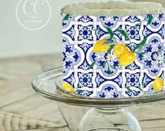 Blue & Lemon Italian Tile Print Cake Wrap Edible Image Frosting Strip