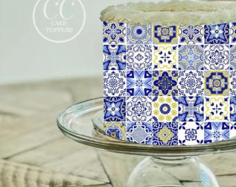 Blue & Yellow Italian Tile Print Cake Wrap Edible Image Frosting Strip