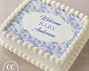 Blue Toile Safari Baby Shower Edible Image Cupcake & Cake Toppers Free Personalization