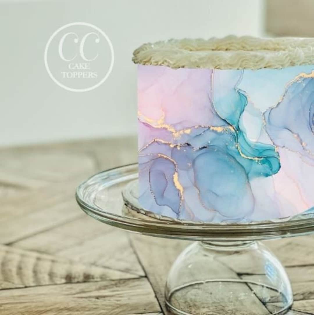 Pastel Marble Gold Swirl Cake Wrap Edible Image Frosting Strip