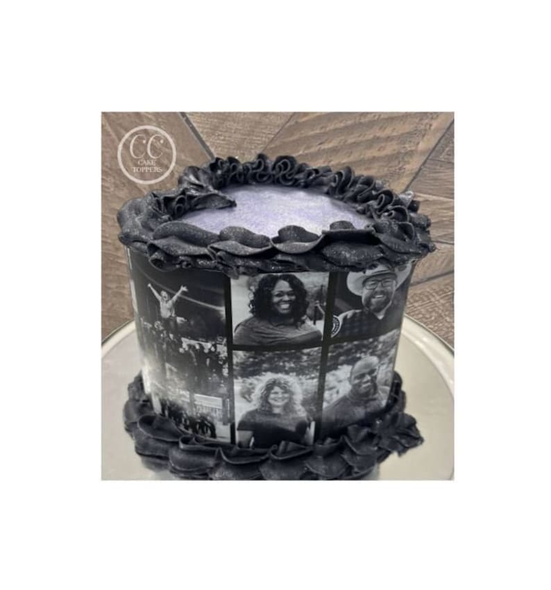 May include: A black cake with a purple frosting and a photo collage of people on the side. The cake is decorated with black frosting ruffles.