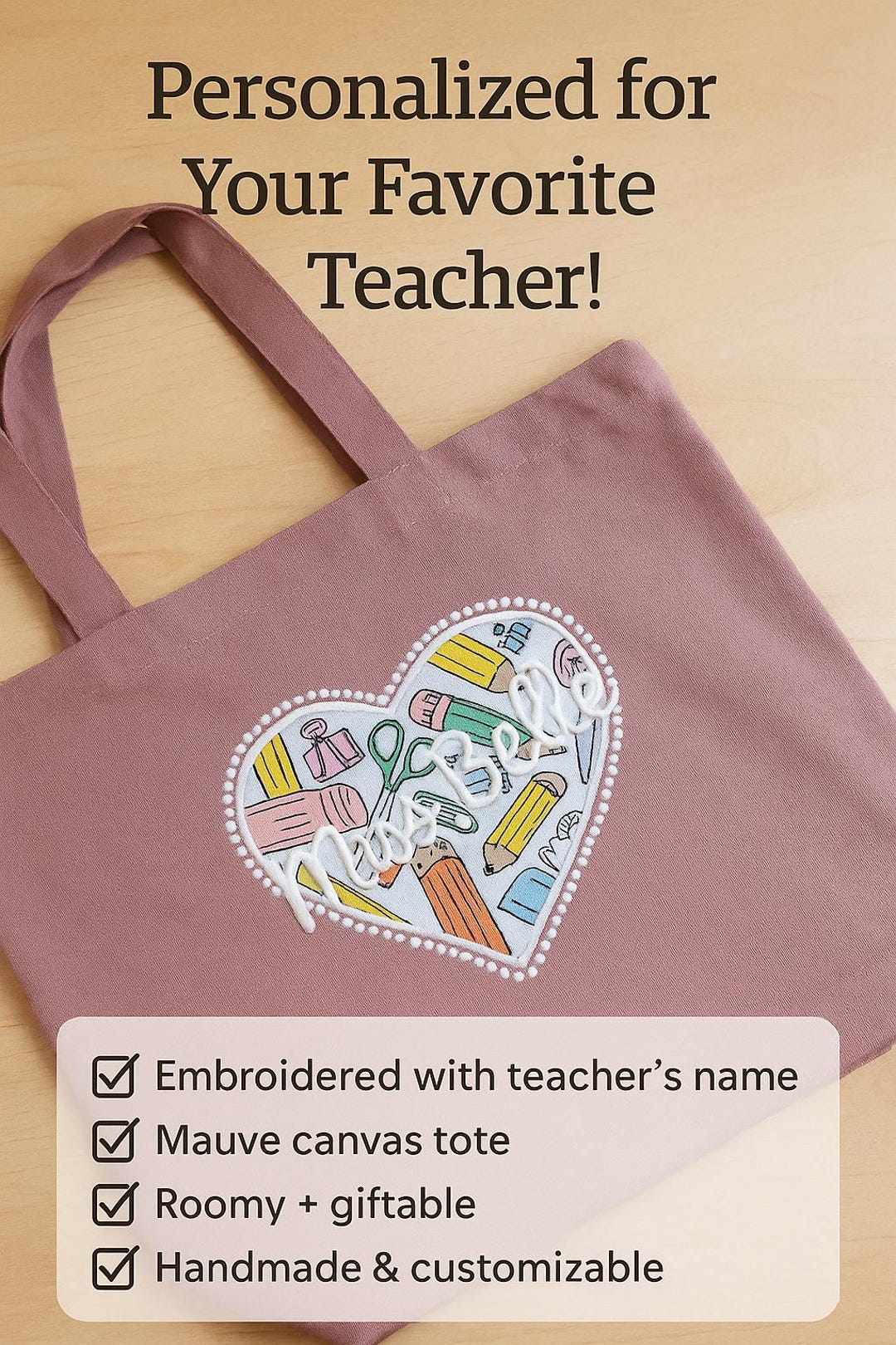 Personalized Teacher Tote Bag With Name – Embroidered Heart School ...