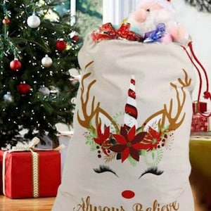 Personalized Santa bag, unicorn Santa bag, unicorn gift bag, custom gift,  canvas santa bag, santa, bag, embroidered gift bag, unicorn