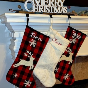 Farmhouse stocking, Embroidered Christmas stocking, Buffalo plaid, red and black, farmhouse Christmas stockings, Lumberjack plaid, Red,