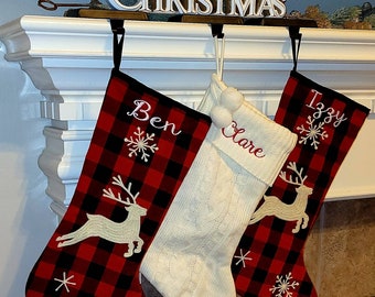 Stocking, farmhouse stocking,Embroidered Christmas stocking, personalized stocking, Buffalo plaid  stocking, farmhouse Christmas stockings,