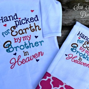 Hand Picked for Earth by Brother, Sister, Grandma, Grandpa in Heaven Onesie and burp cloth set - Custom Embroidered, Rainbow baby, newborn
