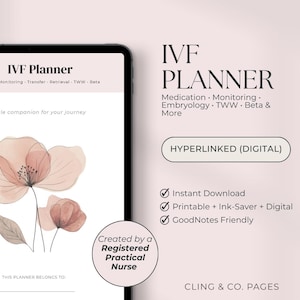 Könnte beinhalten: Digitaler IVF-Planer auf einem Tablet, mit Aquarell-Blumenkunst. Der Planer enthält Abschnitte für Medikamente, Überwachung und mehr. Der Text lautet "IVF Planner" und "Hyperlinked (Digital)". Erstellt von einer staatlich geprüften Krankenschwester.