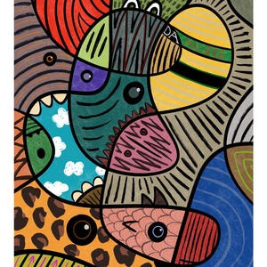 May include: Abstract art print featuring a colorful, geometric design. The artwork includes various shapes and patterns in shades of red, green, blue, yellow, and brown. The letters "DA" and "CAL" are visible in the artwork.