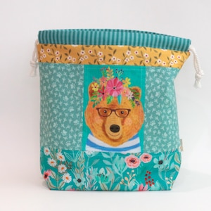 Floral Bear in Teal | Small Drawstring Bag | Patchwork Project Pouch for Knitting and Crochet | Handmade