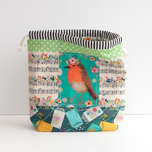 Small Drawstring Bag | Floral Robin | Handmade