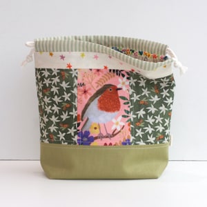 Small Drawstring Bag | Robin & Honeybees | Quilted Patchwork Pouch | Handmade