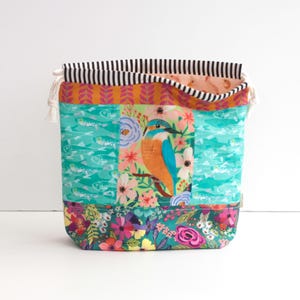 Small Drawstring Bag | Floral Kingfisher Bird | Quilted Patchwork Pouch | Handmade