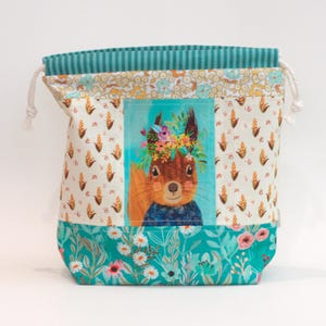 Floral Squirrel and Corn | Small Drawstring Bag | Patchwork Project Pouch for Knitting and Crochet | Handmade