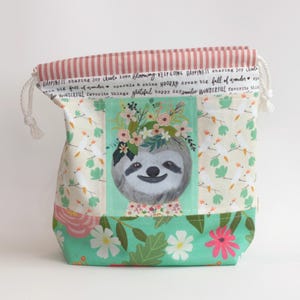 Floral Sloth and Cockatoo Drawstring Bag | Small Project Bag for Knitting and Crochet | Quilted Patchwork Pouch | Handmade