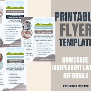 Peut inclure: Modèle de flyer imprimable pour les références de soins à domicile et de vie autonome. Le design présente un fond beige clair avec du texte gris foncé. Le flyer comprend des informations sur le soutien aux personnes âgées 24h/24 et 7j/7, les prix et divers services de soins.