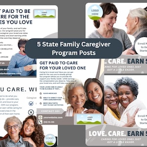 May include: A promotional graphic for a caregiver program, featuring text and images of diverse individuals. The text promotes financial compensation for caregiving, with contact information and a call to action to enroll.