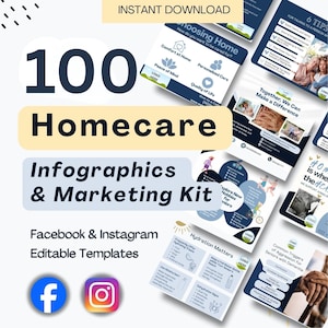 May include: A digital marketing kit for homecare services. The image features the text "100 Homecare Infographics & Marketing Kit" with editable templates for Facebook and Instagram. Various infographics are displayed.