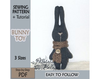Bunny Sewing E-Pattern, PDF Easy to Folow Pattern, Stuffed Animal Toy Pattern, How to sew Primitive Bunny for Easter