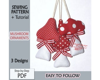 Cartamodello PDF, Cartamodello per ornamenti natalizi, Cartamodello per ornamenti con funghi ripieni, Cartamodello elettronico fai-da-te facile da seguire e tutorial