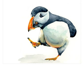 Pondering Puffin print, British Wildlife signed artwork, Puffin wall art