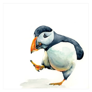 Pondering Puffin print, British Wildlife signed artwork, Puffin wall art