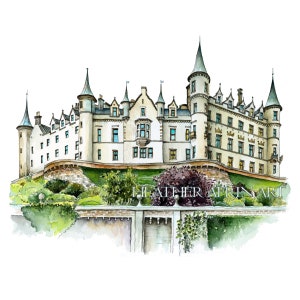 Stampa del castello di Dunrobin: illustrazione scozzese ad acquerello