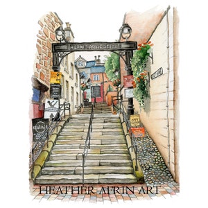 Market Brae Steps, Inverness print in mount, watercolour print, Scotland art, scottish townscape